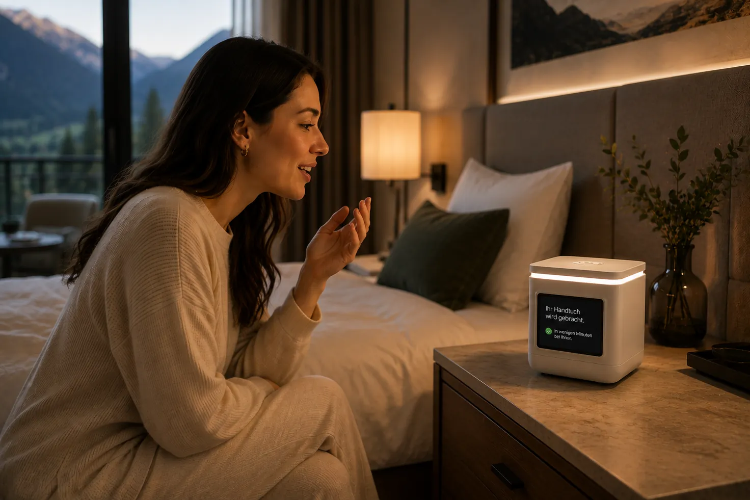 Ein Gast fragt LORA Cube nach frischen Handtüchern; die Anfrage erscheint auf dem Display