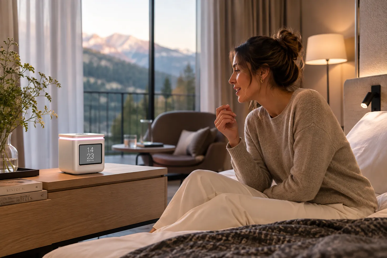 Ein Gast spricht mit LORA Cube auf dem Nachttisch in einem hellen Hotelzimmer