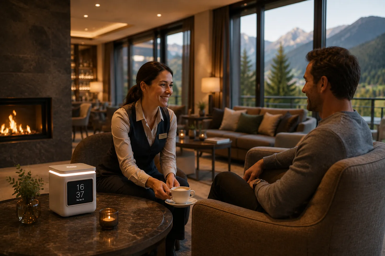 Ein Hotelmitarbeiter bringt einem Gast Kaffee in der Kaminlounge, mit LORA Cube auf dem Tisch