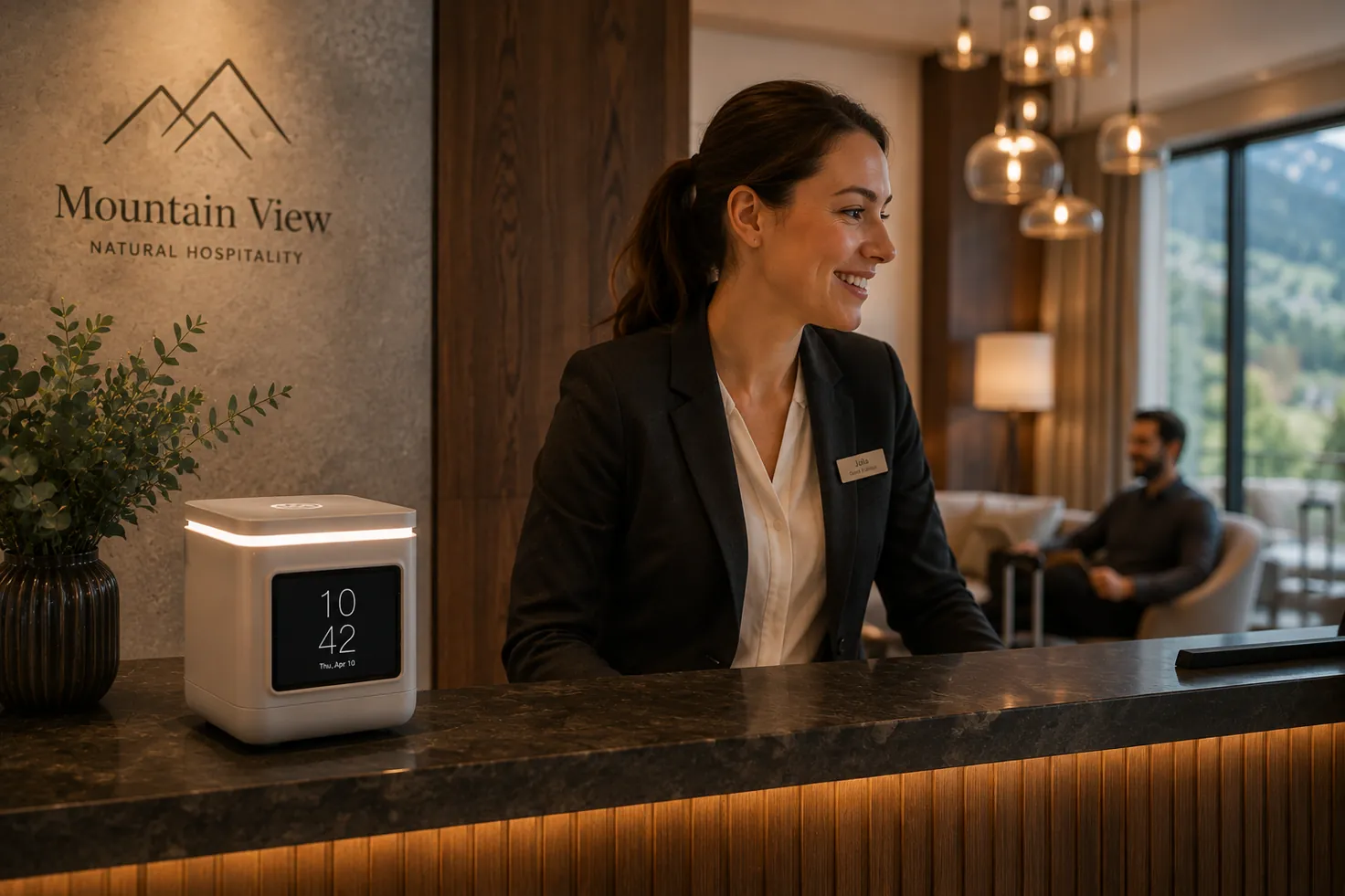 Ein Hotelmitarbeiter begrüßt einen Gast an der Rezeption, mit LORA Cube auf dem Tresen