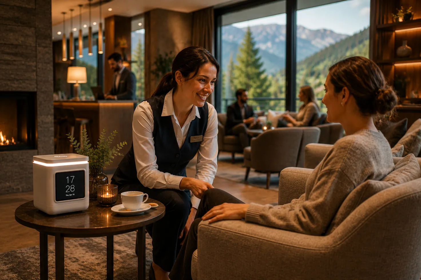 Ein Hotelmitarbeiter spricht mit einem Gast in der Lounge, mit LORA Cube auf dem Tisch