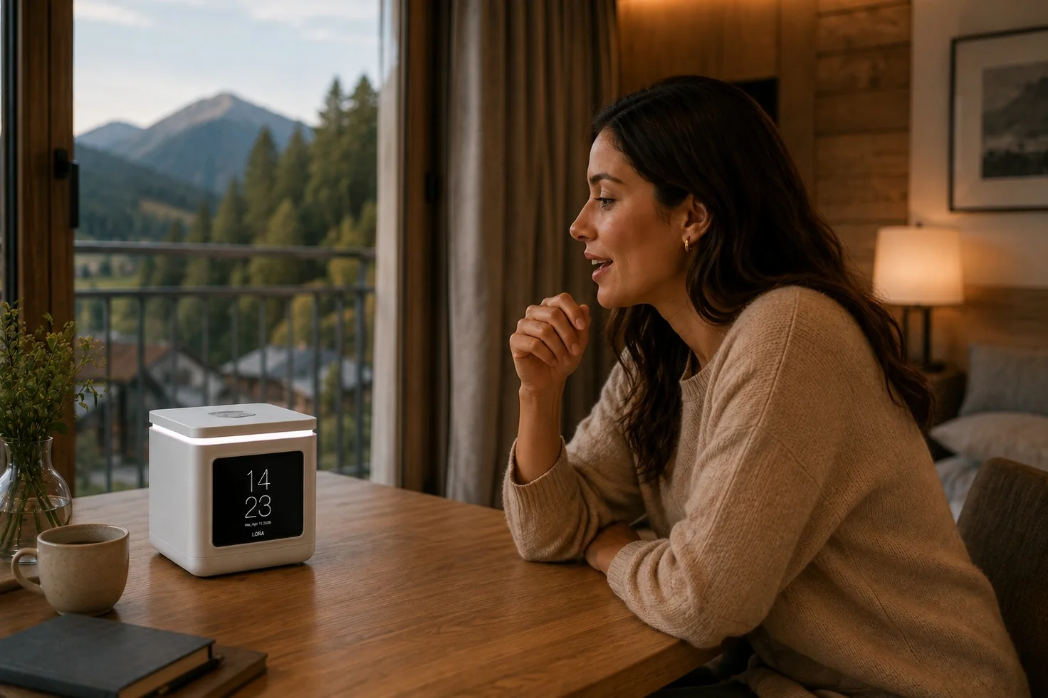 Ein Gast am Tisch beim Fenster fragt LORA Cube nach einer Spa-Behandlung